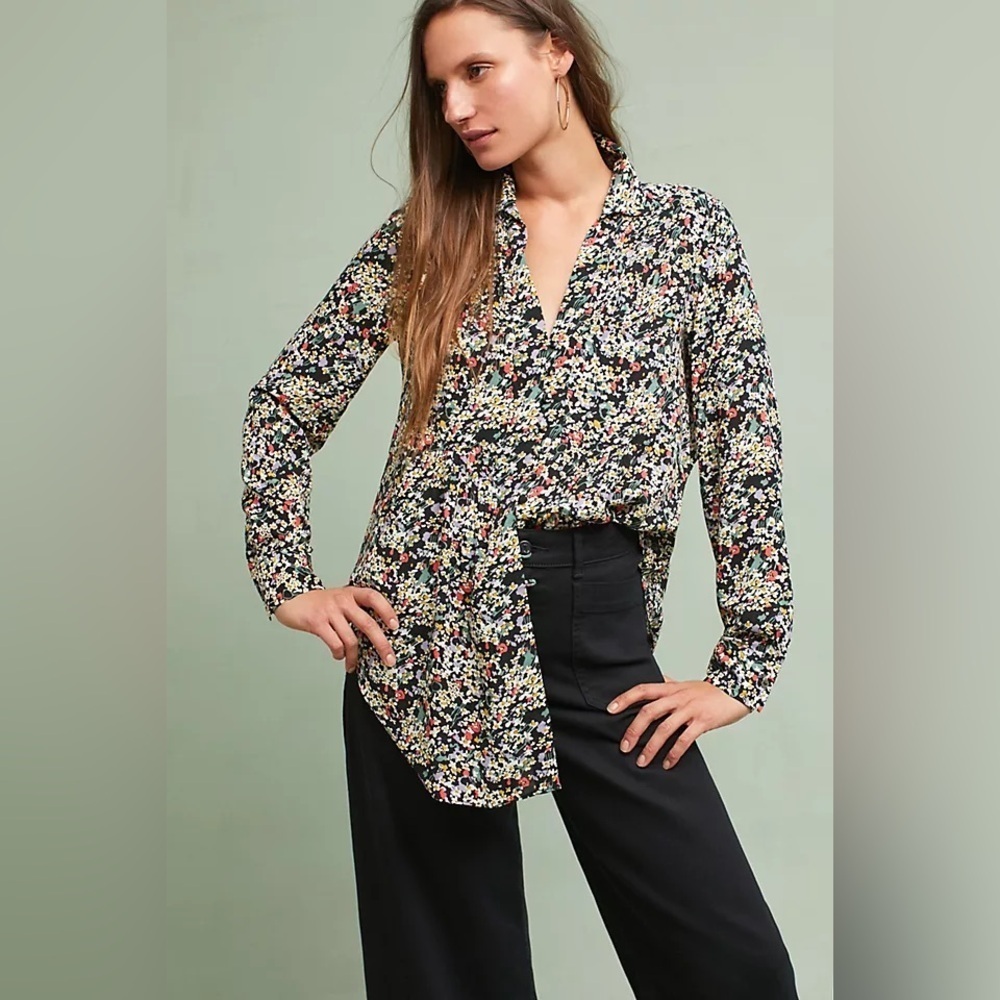 Anthropologie Maeve Matilda black abstract ditzy floral button front blouse, S.